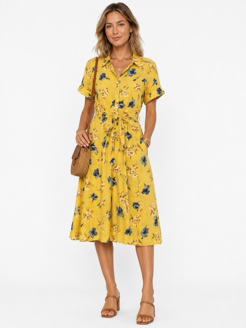 Lauren Ralph Lauren Yellow Floral Shirt Dress Linen Blend Tie Waist Women’s 18